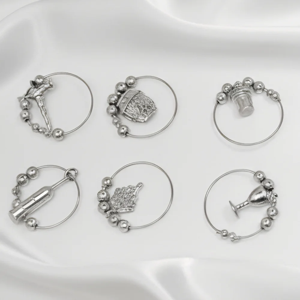 12 Wine Glass Charms Silver Tone Themed Grape Leaf Cheese Bread Basket Cork Bead